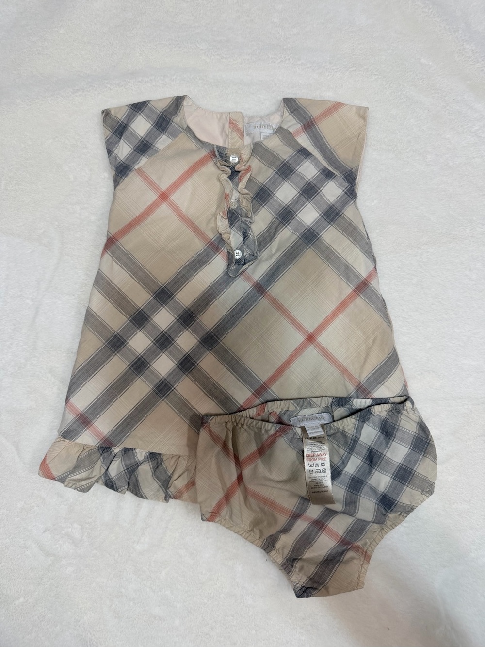 Burberry Beige Plaid Ruffle Dress with Navy & Blush